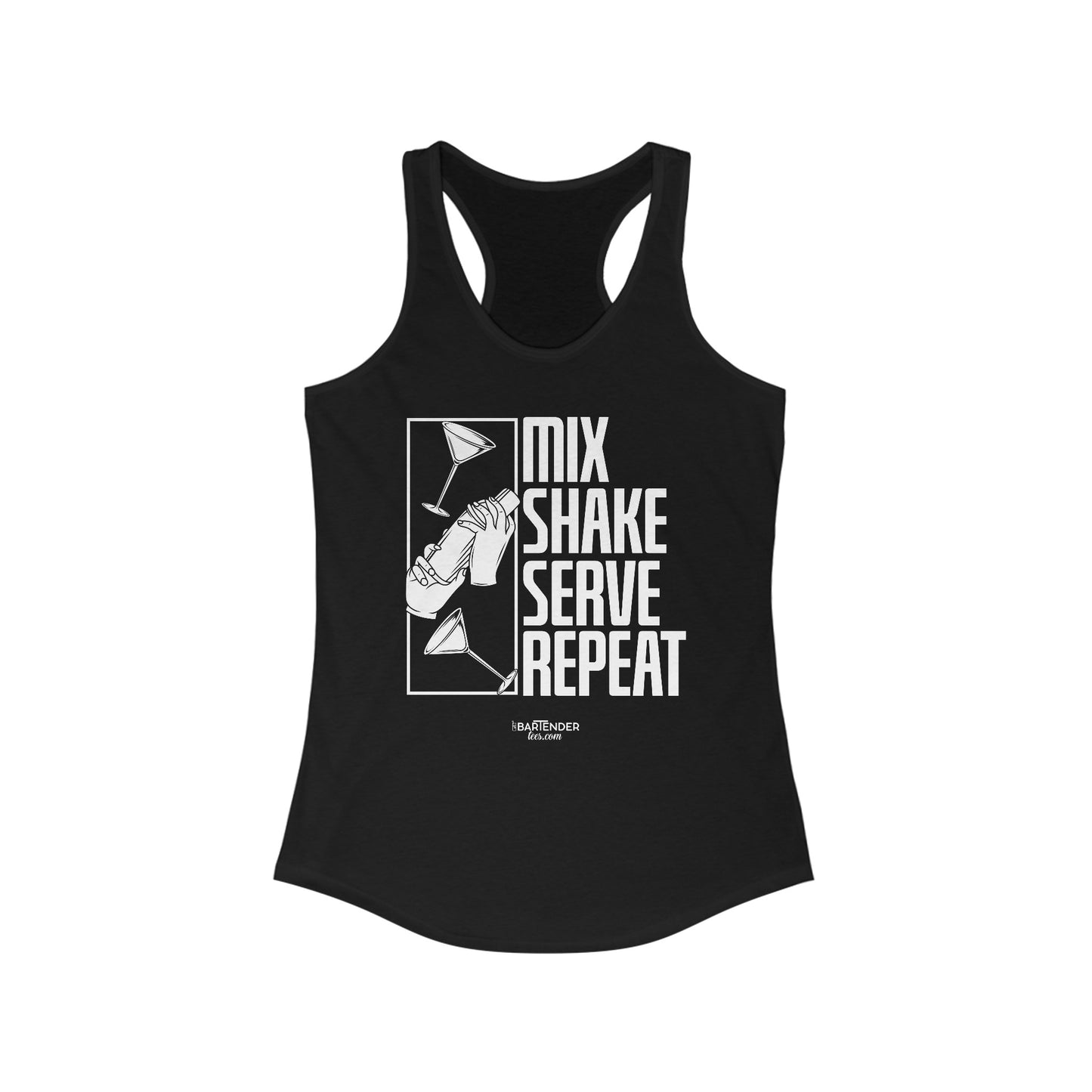 "Mix shake serve repeat" Women's Bartender Tank Tops