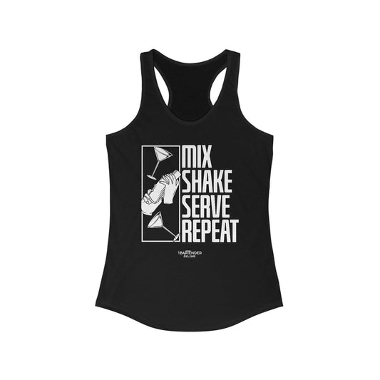 "Mix shake serve repeat" Women's Bartender Tank Tops