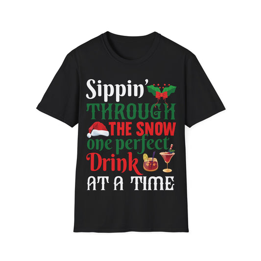 "Sippin' Through the Snow, One Perfect Drink at a Time" Unisex Softstyle T-Shirt