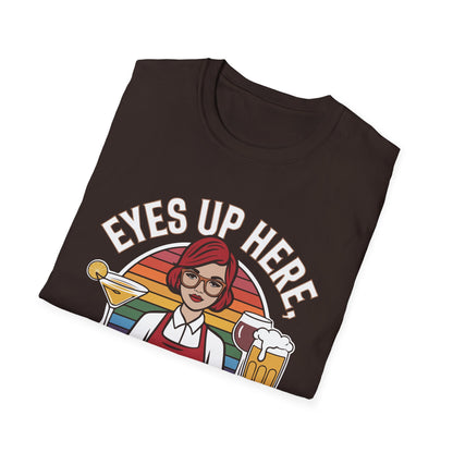 "Eyes up here drinks down there" Men's Bartender Softstyle T-Shirt