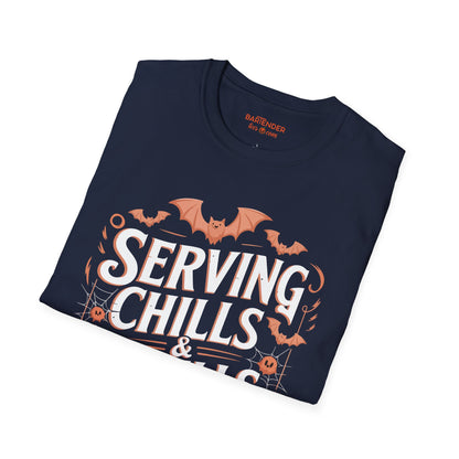 "Serving Chills & Thrills All Night" Halloween Bartender Softstyle T-Shirt