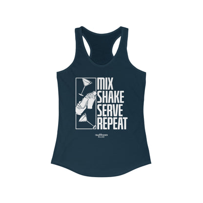 "Mix shake serve repeat" Women's Bartender Tank Tops