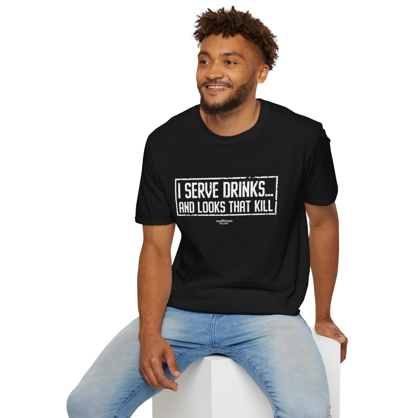 "I Serve Drinks and Looks that Kill" Men's Bartender Tee