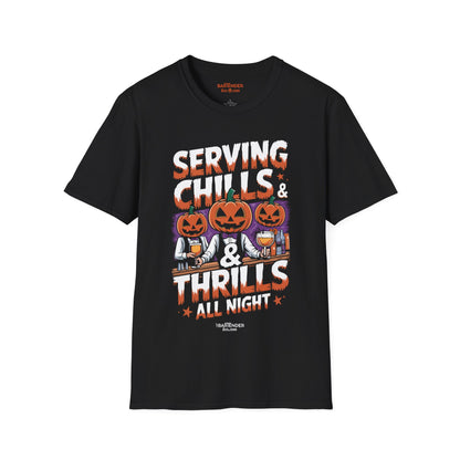 "Serving Chills and Thrills All Night" Halloween Bartender Softstyle T-Shirt