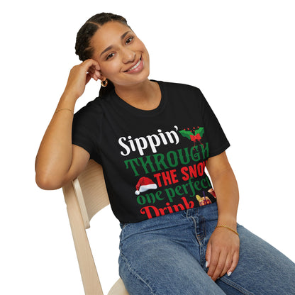 "Sippin' Through the Snow, One Perfect Drink at a Time" Unisex Softstyle T-Shirt