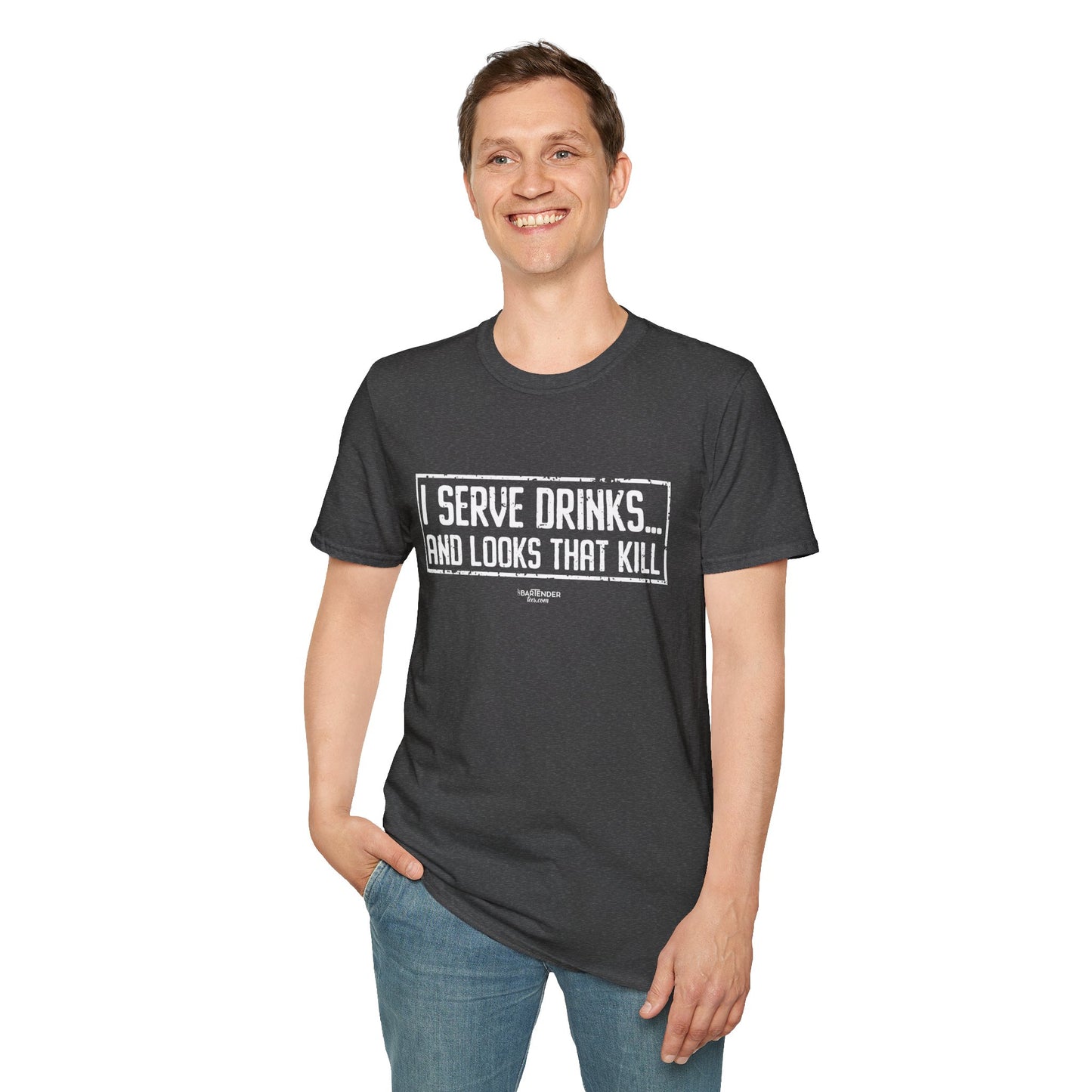 "I Serve Drinks and Looks that Kill" Men's Bartender Tee