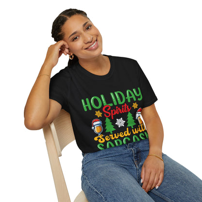 "Holiday Spirits Served with Sarcasm" Unisex Softstyle T-Shirt