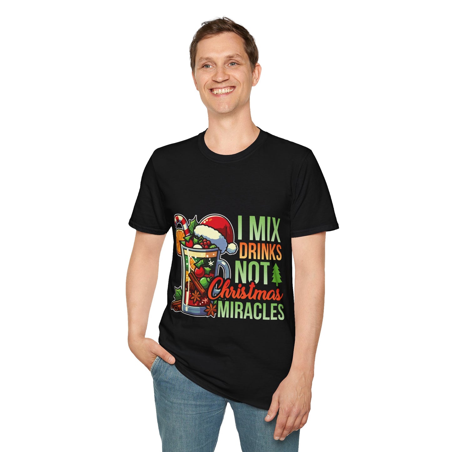 "I Mix Drinks, Not Christmas Miracles" Unisex Softstyle T-Shirt