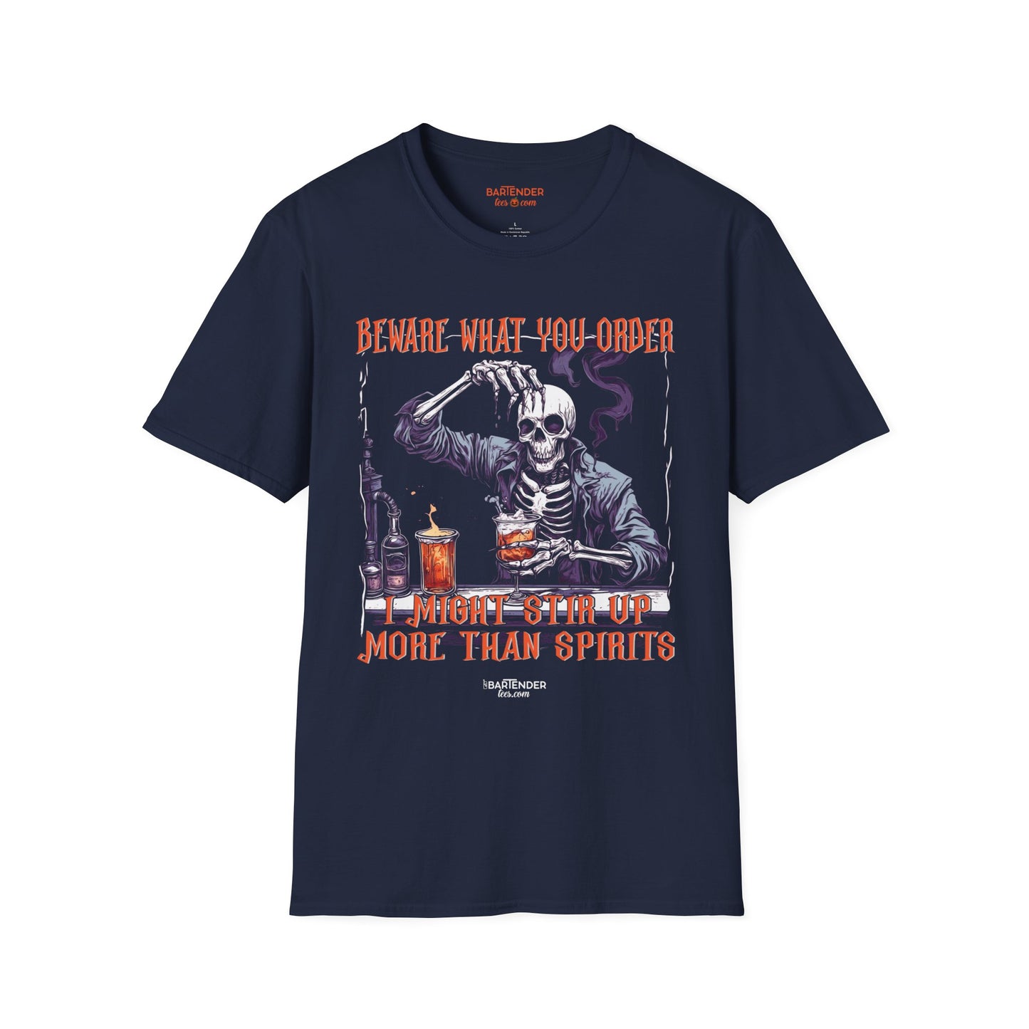 "Beware What You Order, I Might Stir Up More Than-Spirits" Halloween Bartender Softstyle T-Shirt