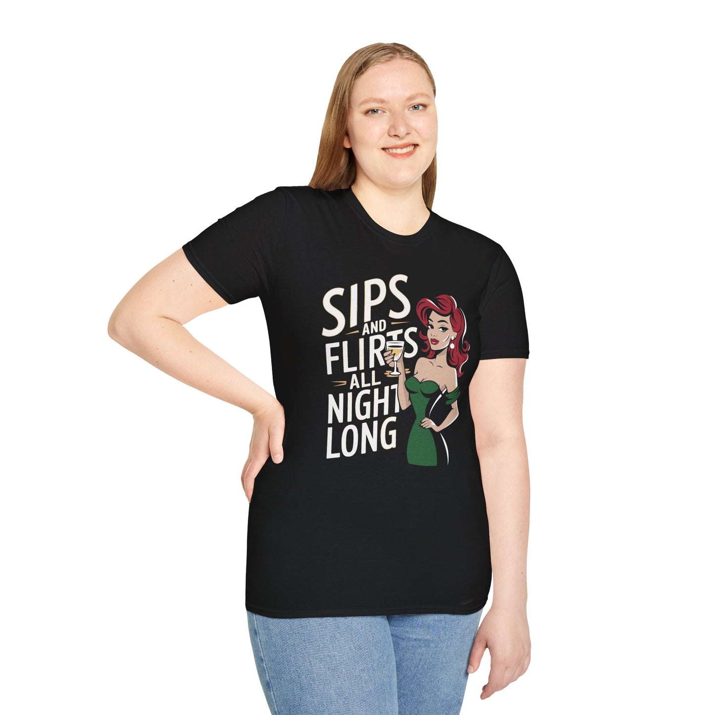 "Sips and Flirts All Night Long" Softstyle T-Shirt