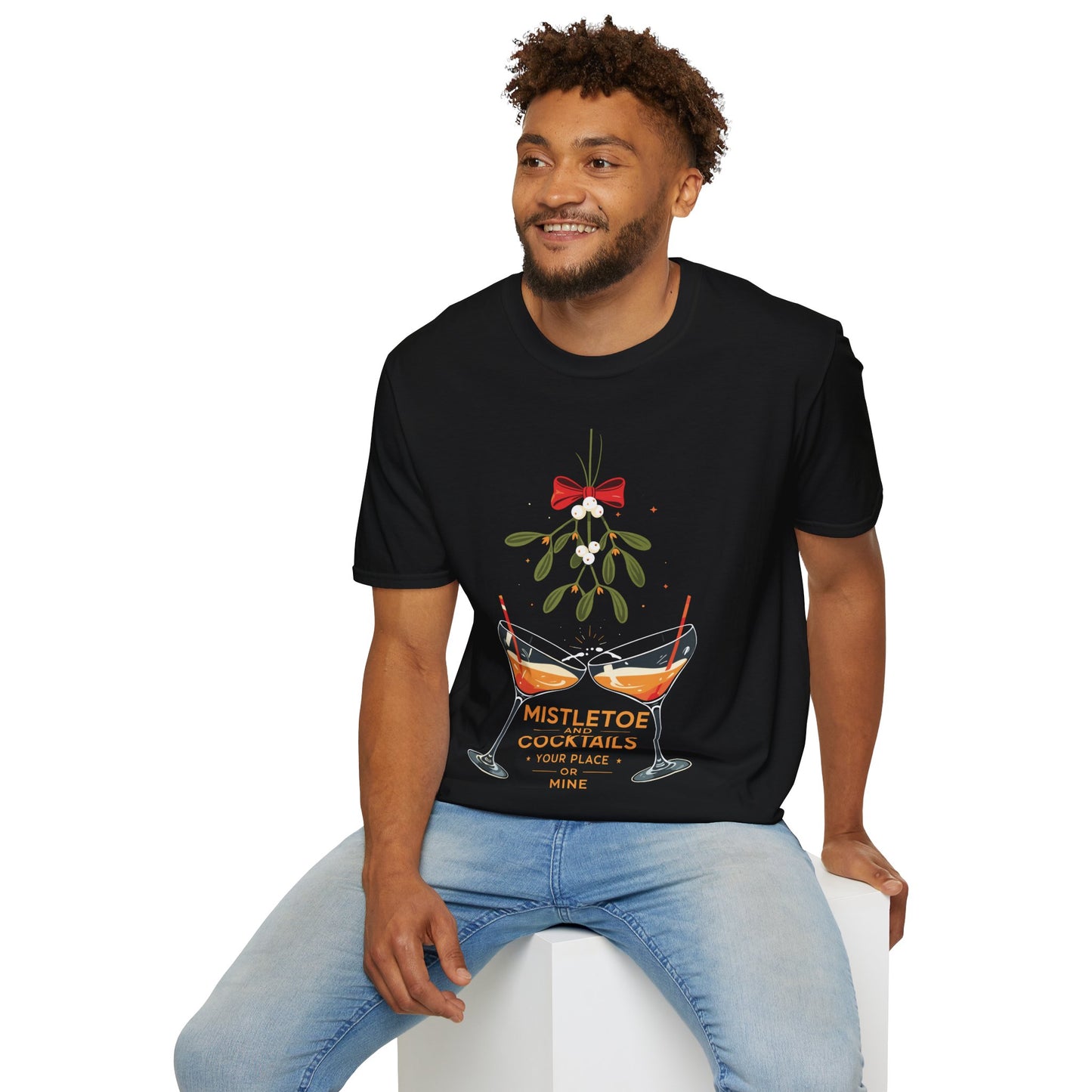 "Mistletoe and Cocktails — Your Place or Mine" Unisex Softstyle T-Shirt