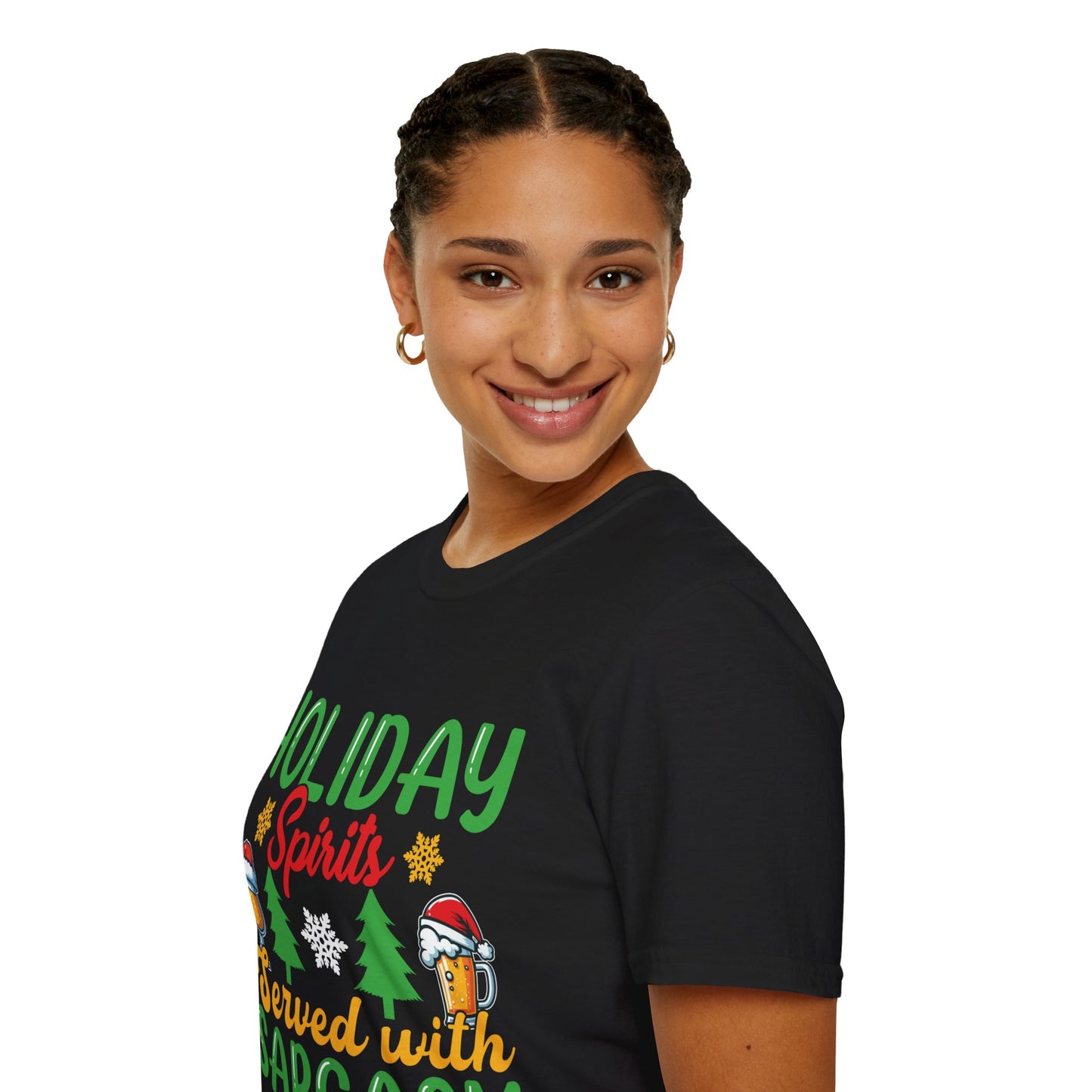 "Holiday Spirits Served with Sarcasm" Unisex Softstyle T-Shirt