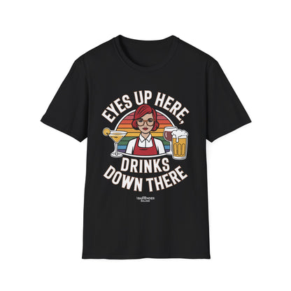 "Eyes up here drinks down there" Men's Bartender Softstyle T-Shirt