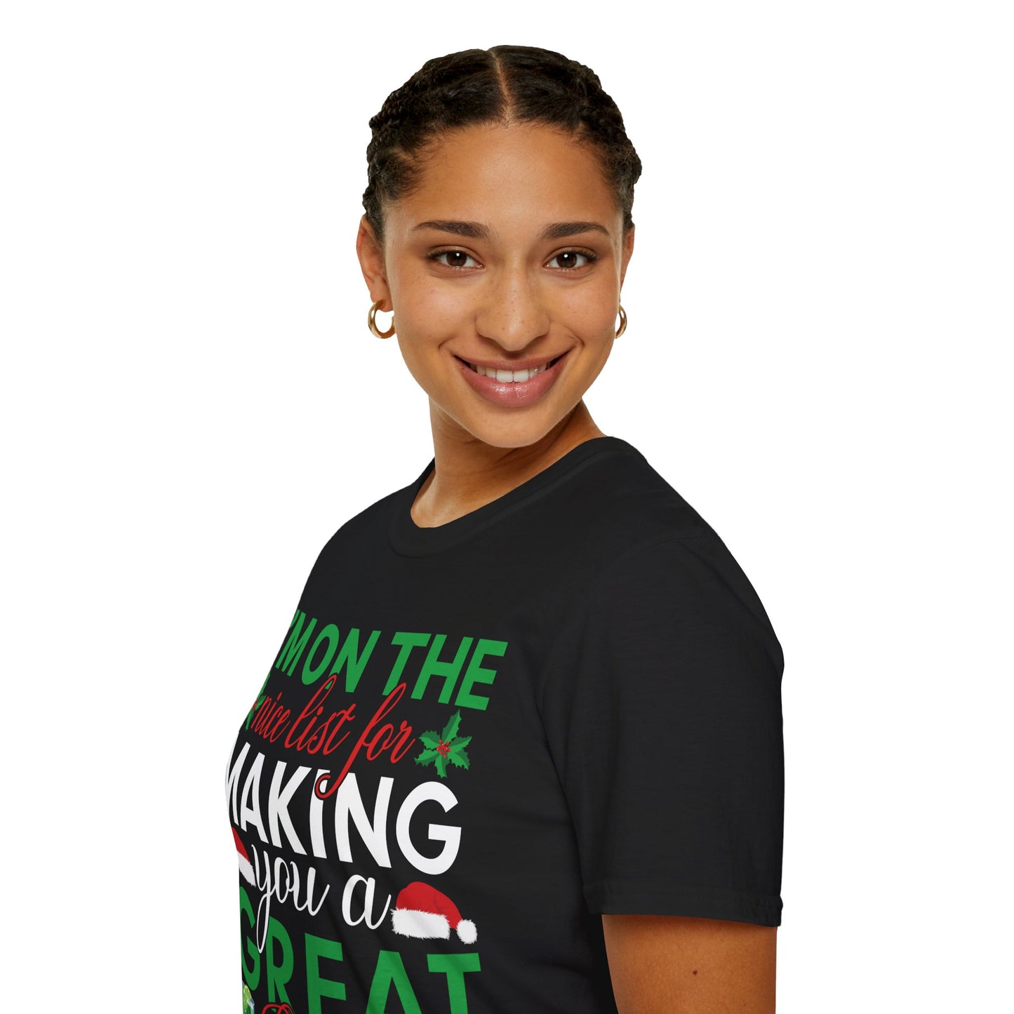 "I'm on the Nice List for Making You a Great Drink" Unisex Softstyle T-Shirt