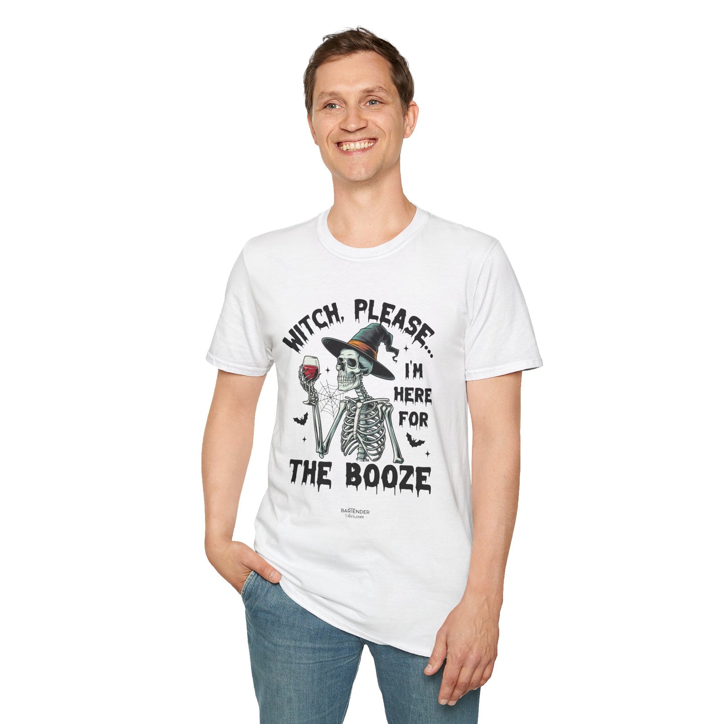 "Witch, Please... I'm Here for the Booze" Softstyle Unisex Halloween T-Shirt