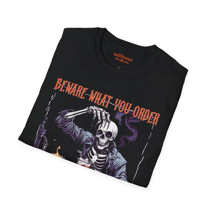 "Beware What You Order, I Might Stir Up More Than-Spirits" Halloween Bartender Softstyle T-Shirt