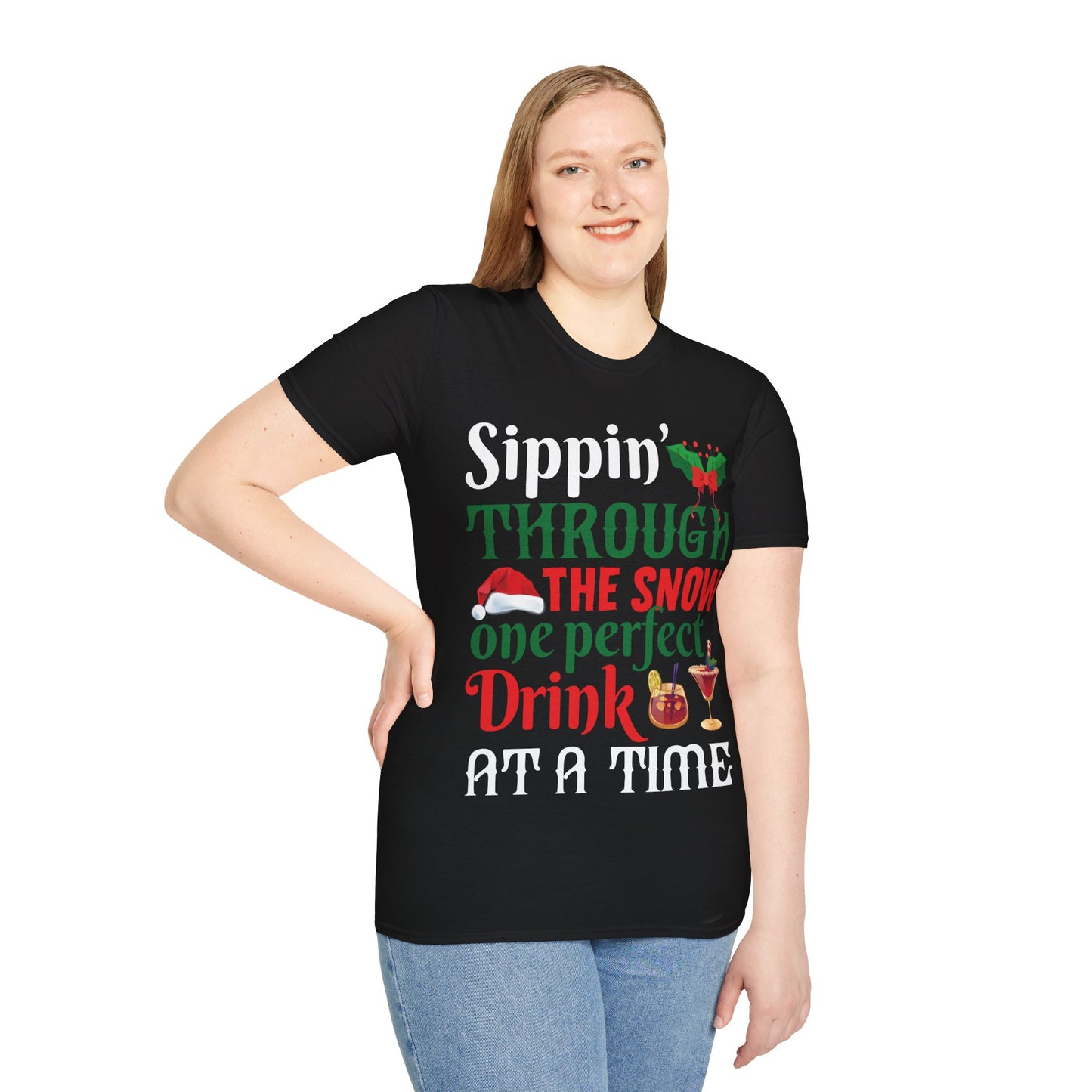 "Sippin' Through the Snow, One Perfect Drink at a Time" Unisex Softstyle T-Shirt