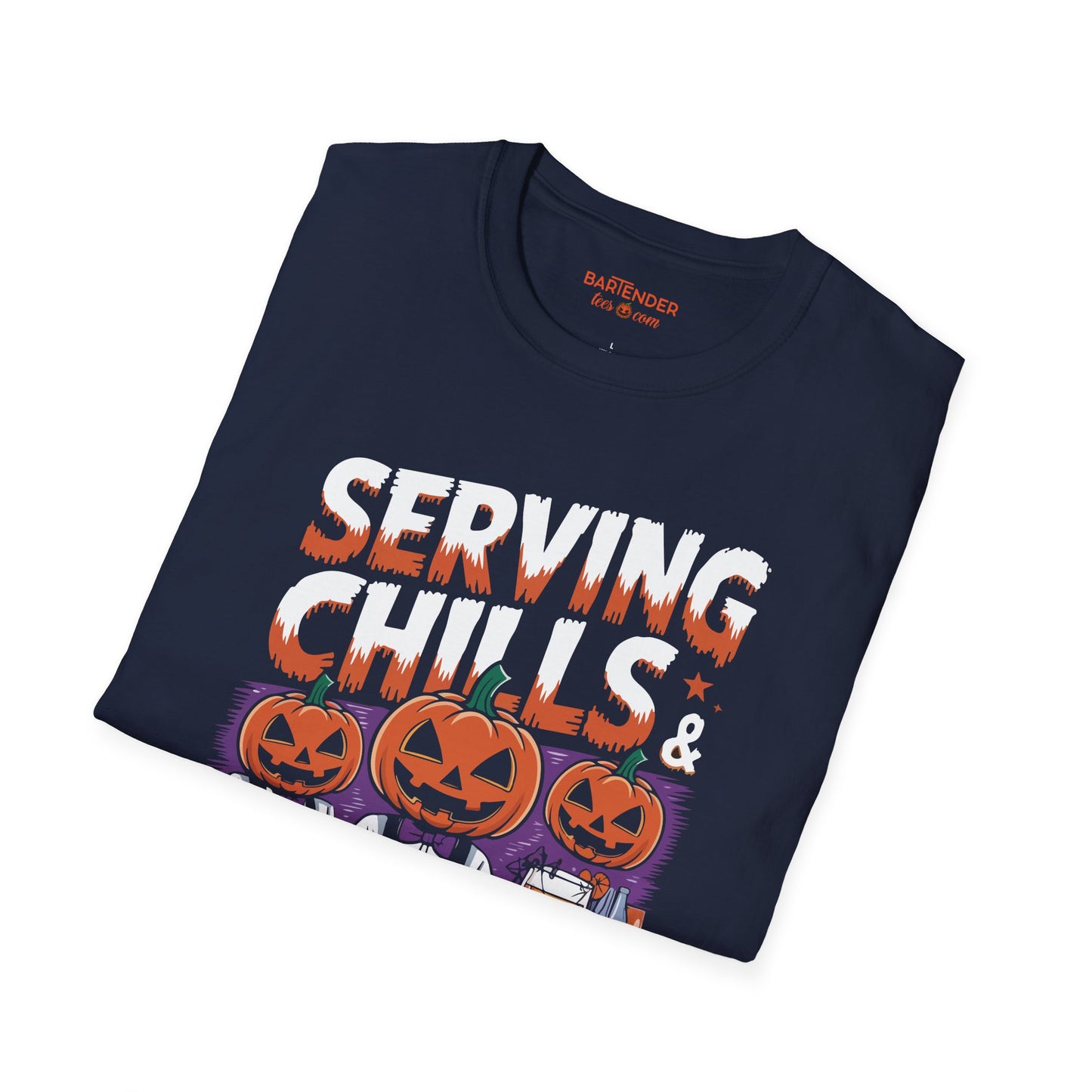 "Serving Chills and Thrills All Night" Halloween Bartender Softstyle T-Shirt