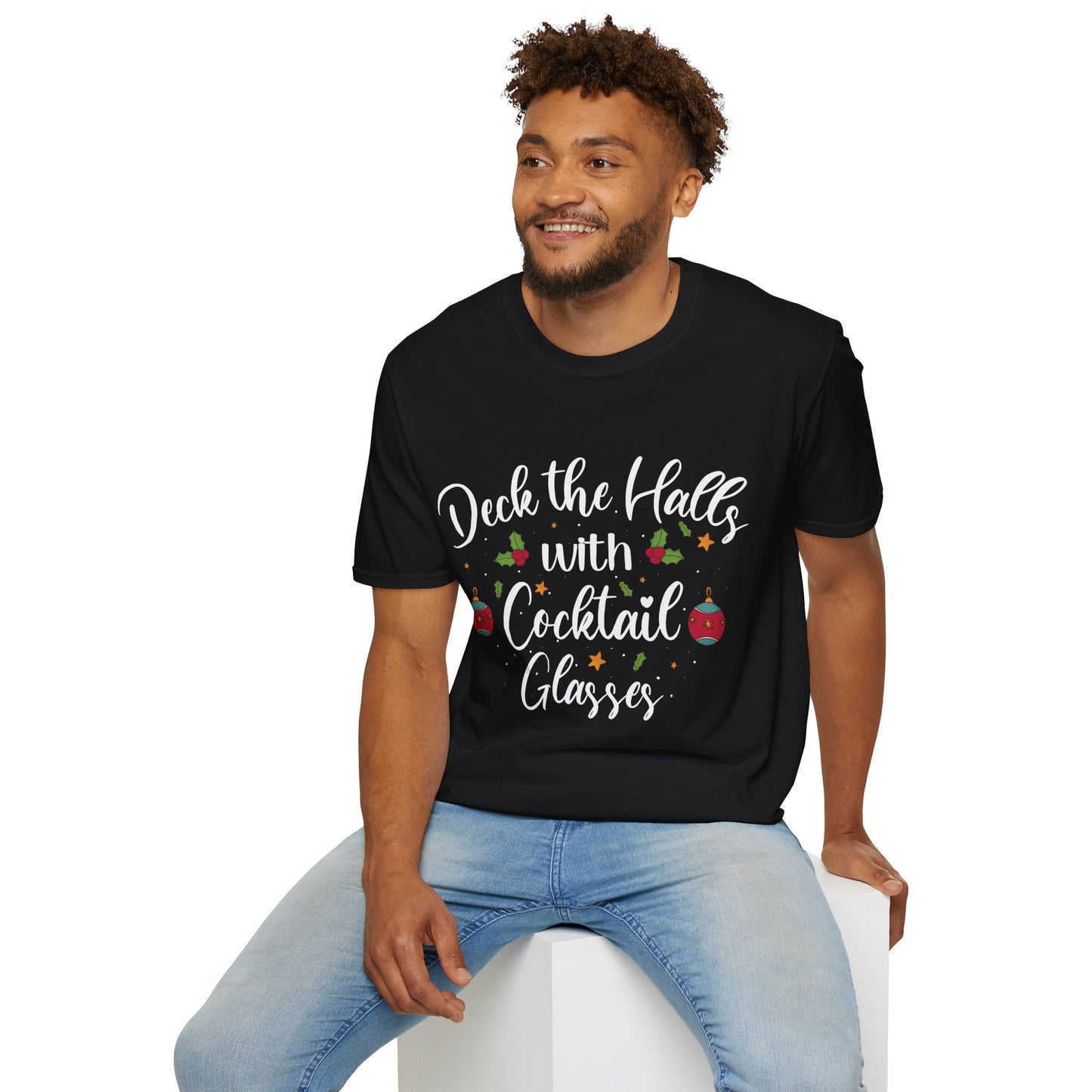 "Deck the Halls with Cocktail Glasses" Unisex Softstyle T-Shirt