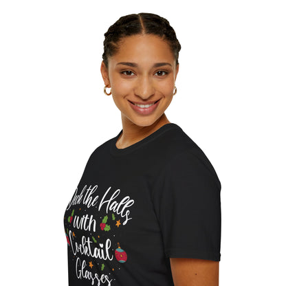 "Deck the Halls with Cocktail Glasses" Unisex Softstyle T-Shirt