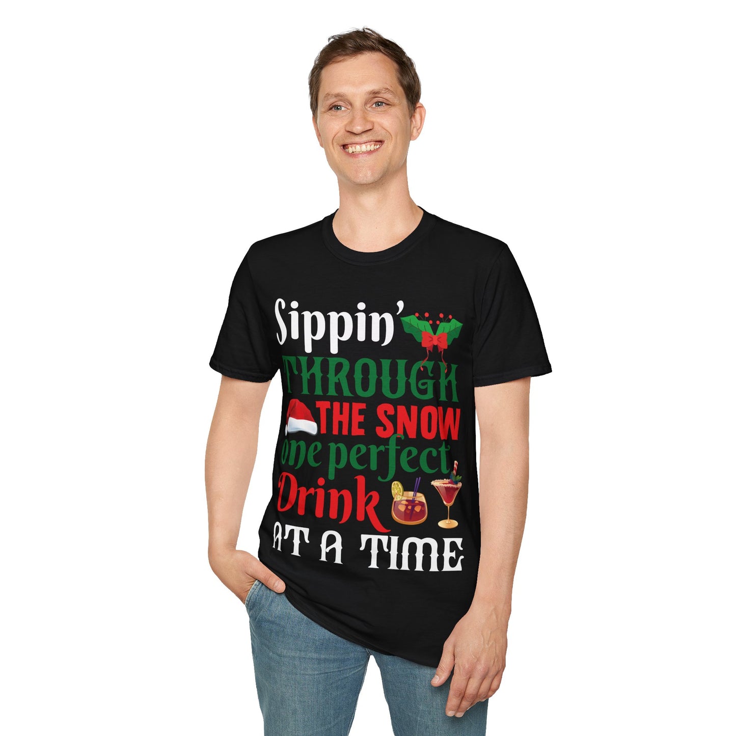 "Sippin' Through the Snow, One Perfect Drink at a Time" Unisex Softstyle T-Shirt