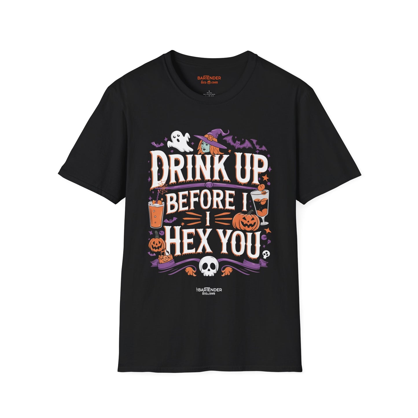 "Drink up Before I hex You" Halloween Bartender Softstyle T-Shirt