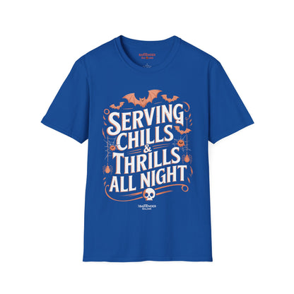 "Serving Chills & Thrills All Night" Halloween Bartender Softstyle T-Shirt