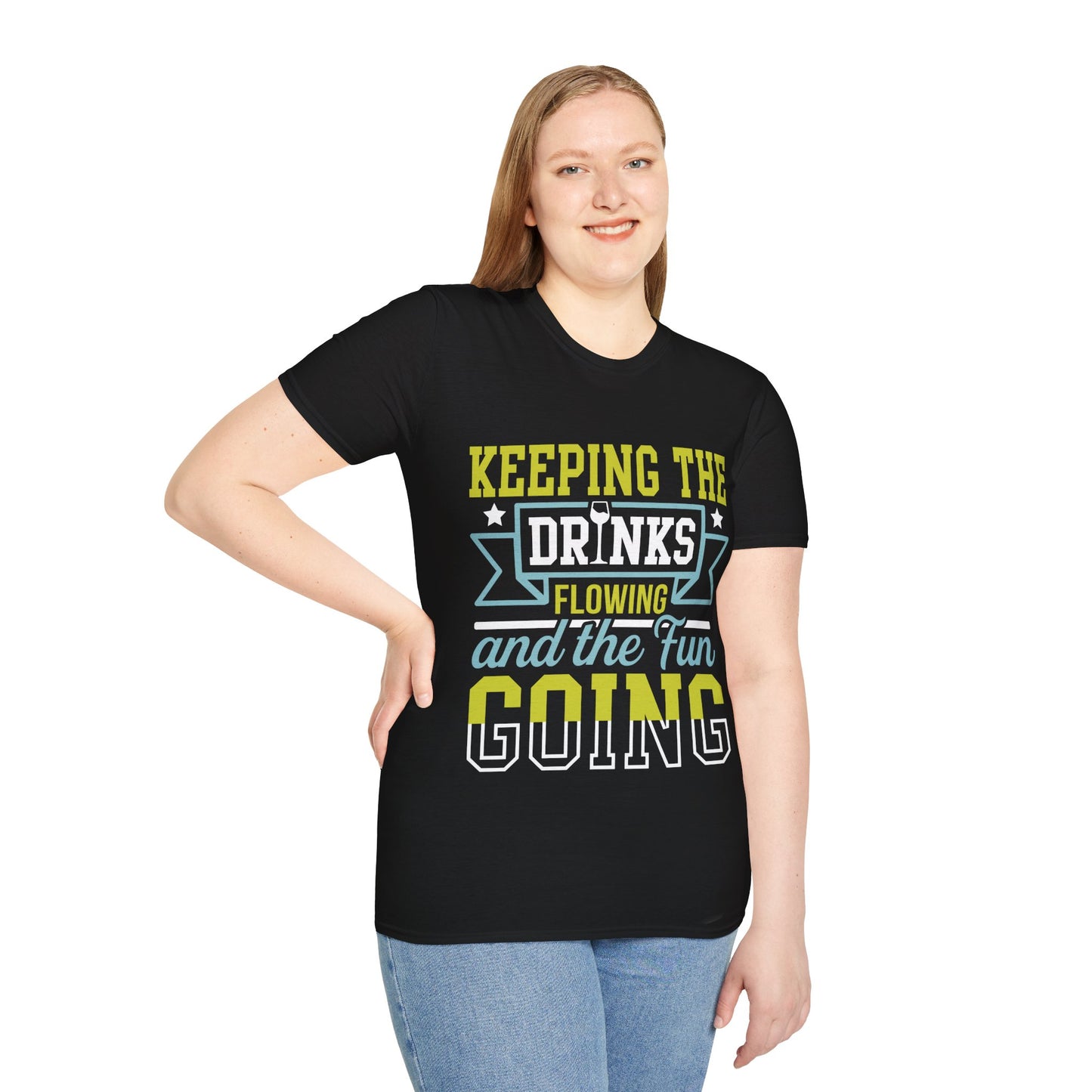 "Keeping the Drinks Flowing and the Fun Going" Unisex Softstyle T-Shirt