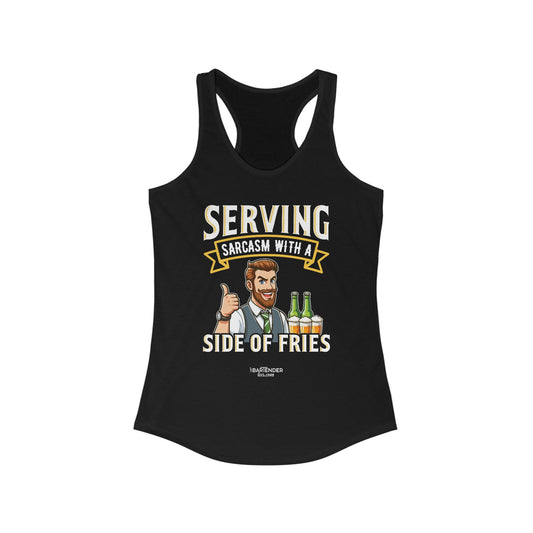 "Serving sarcasm with a serving of fries" Women's Bartender Tank Tops